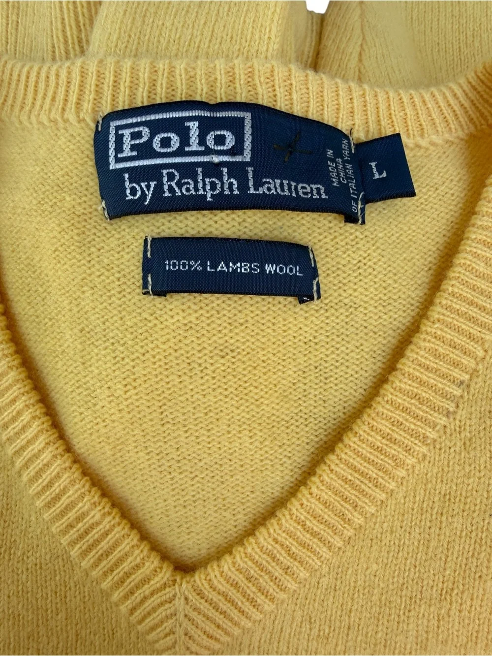 Polo Ralph Lauren 100% Lambswool V-Neck Sweater Old Money Vintage Yellow Knit L